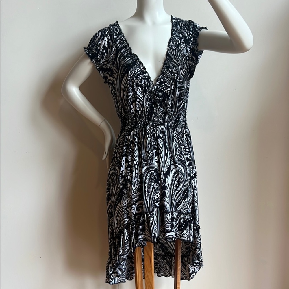 Shoreline Black and White Asymmetrical Ruched Sundress